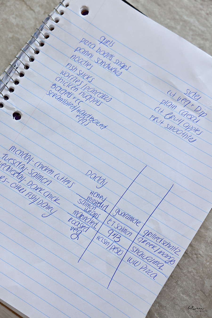 Handwritten menu plan in a spiral notebook. closeup