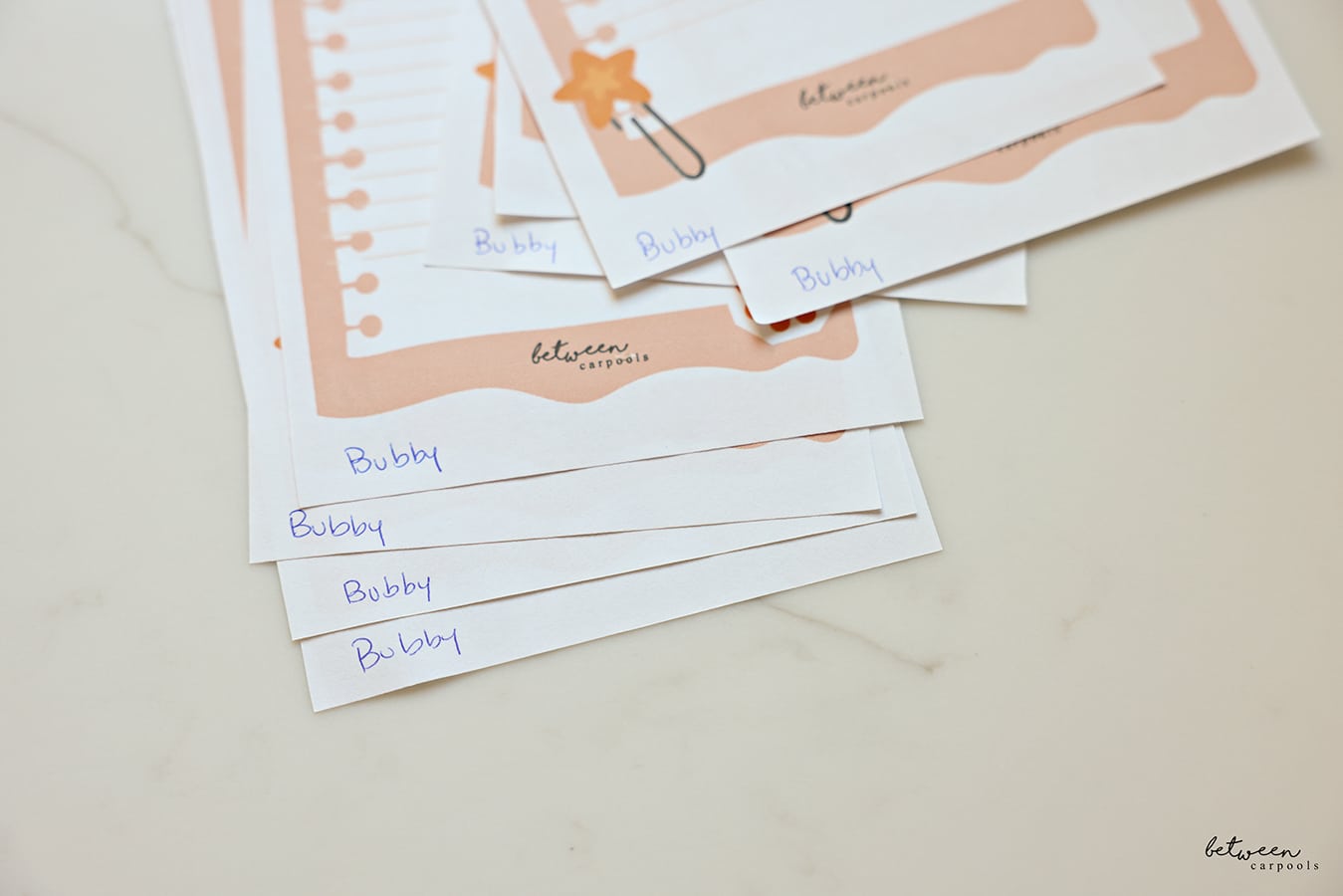 Printed cards with "Bubby" in the bottom left corner of each.