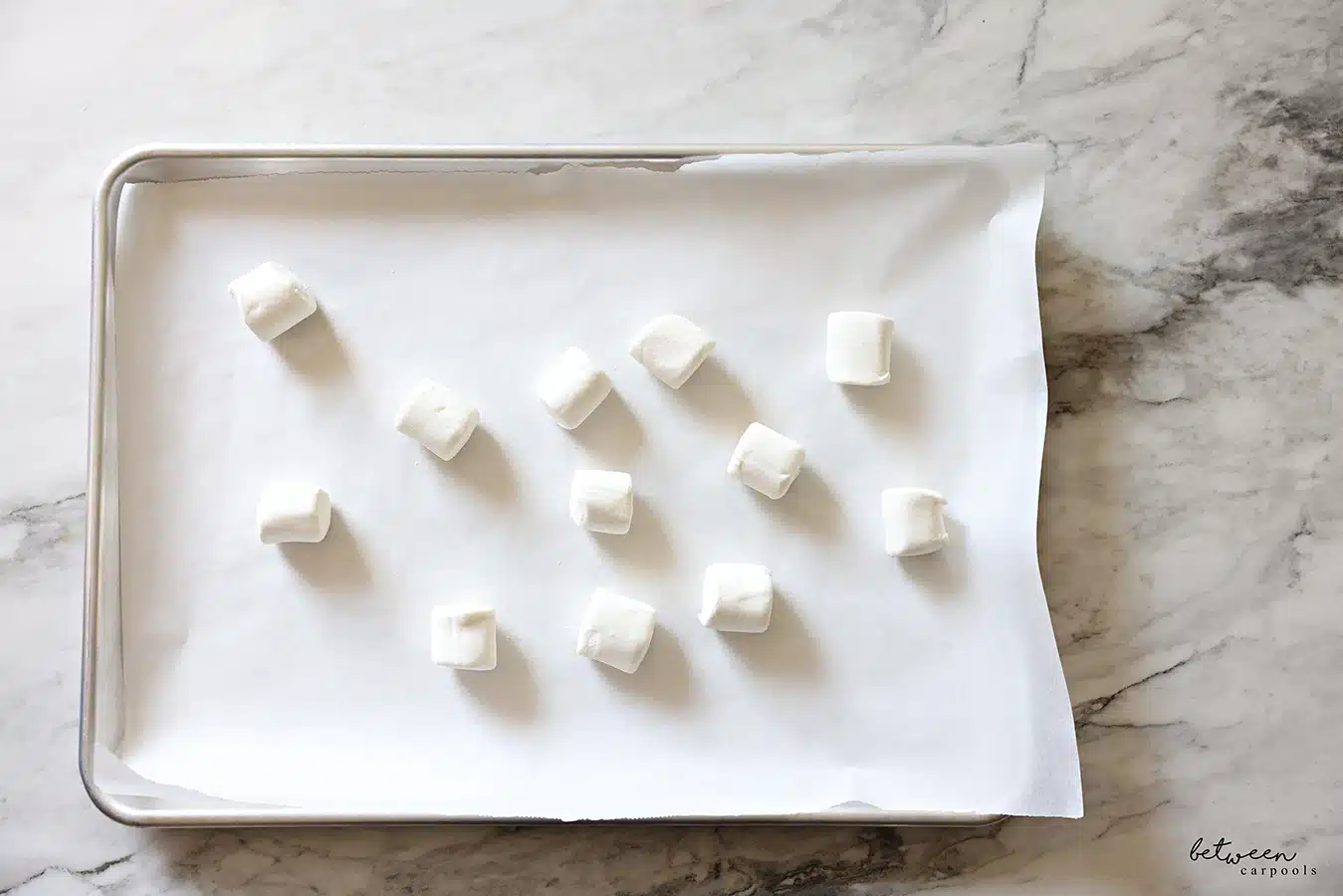 Marshmallows on a parchment lined baking sheet.