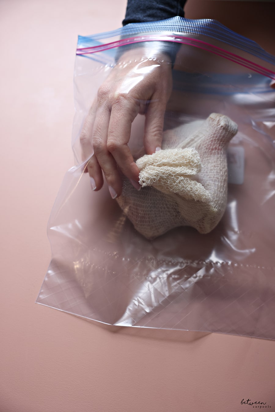 Placing chicken drumsticks and thigh in a soup bag in a Ziploc bag.