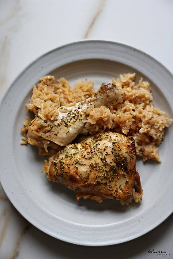 Plated chicken with rice.