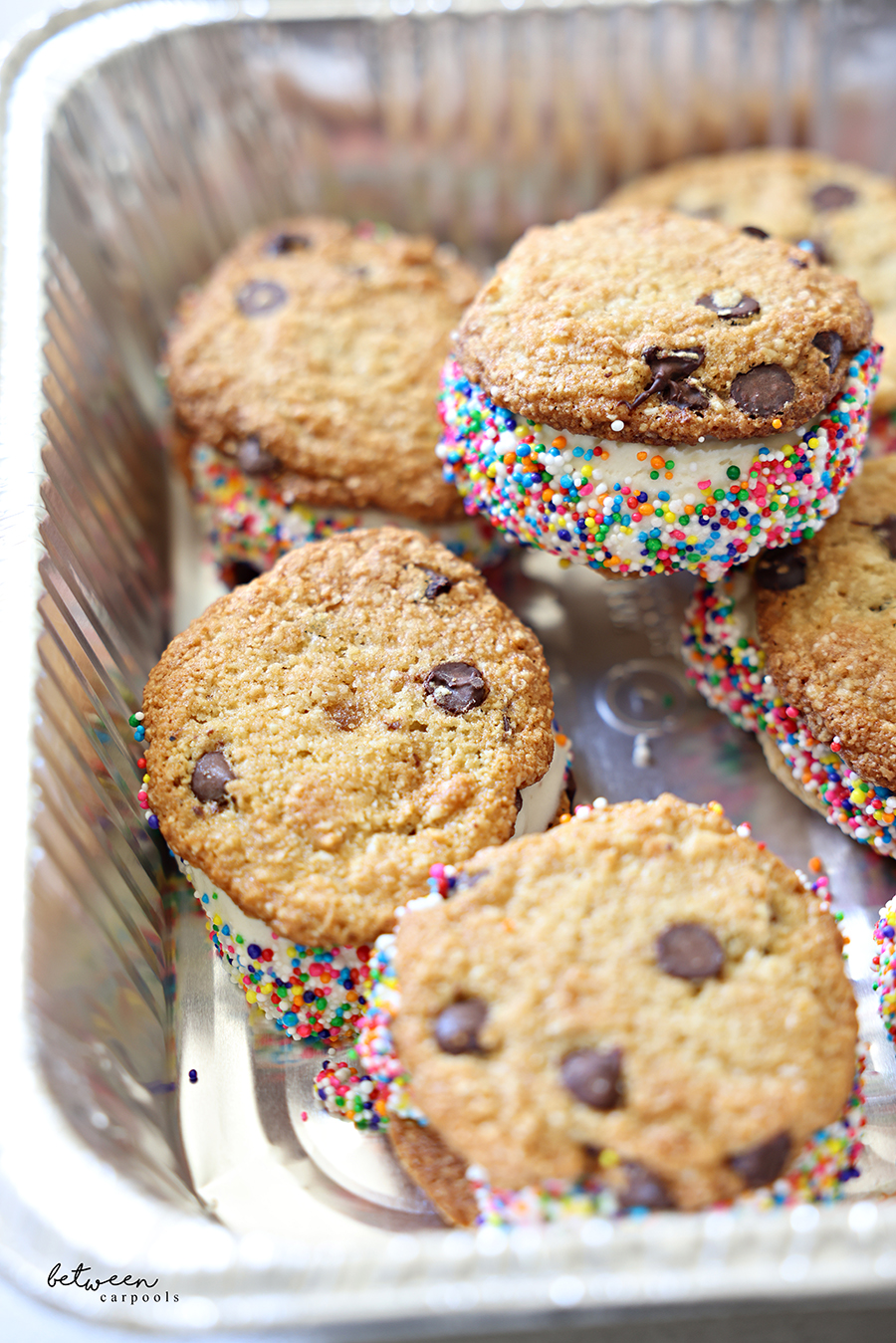 Ice cream sandwiches in a 9x13 foil pan.