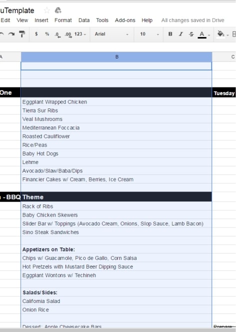 free menu template for google sheets