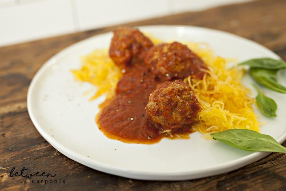 My Guilt-Free Spaghetti (Squash) and Meatballs. Kosher Recipes for the busy Jewish woman only on betweencarpools.com. A lifestyle blog for the frum woman.