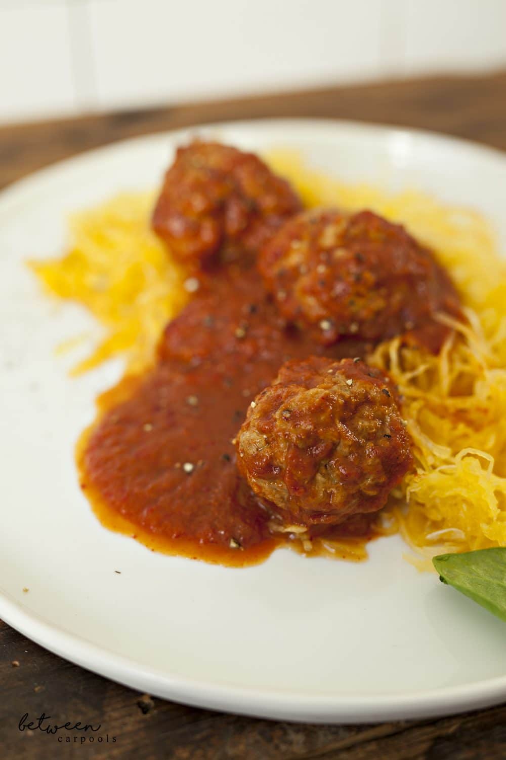 My Guilt-Free Spaghetti (Squash) and Meatballs. Kosher Recipes for the busy Jewish woman only on betweencarpools.com. A lifestyle blog for the frum woman. Diet Spaghetti Squash by Renee Muller.