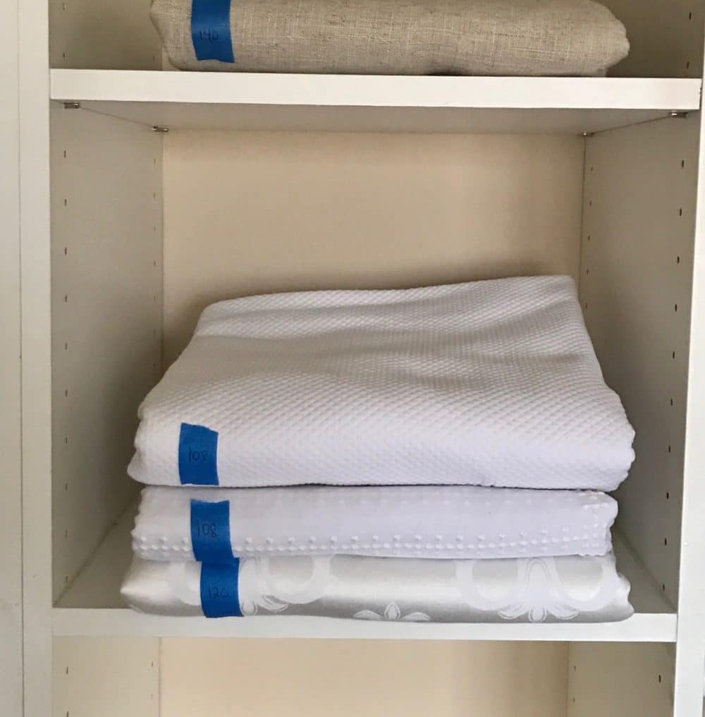 How to organize your tablcloths. Shabbos tabelcloths. You spread it out on your table, only to realize that this one’s round or this one’s too short. And it's a hassle to fold it again. Well, not anymore. Now you'll pull out the perfect tablecloth every time.