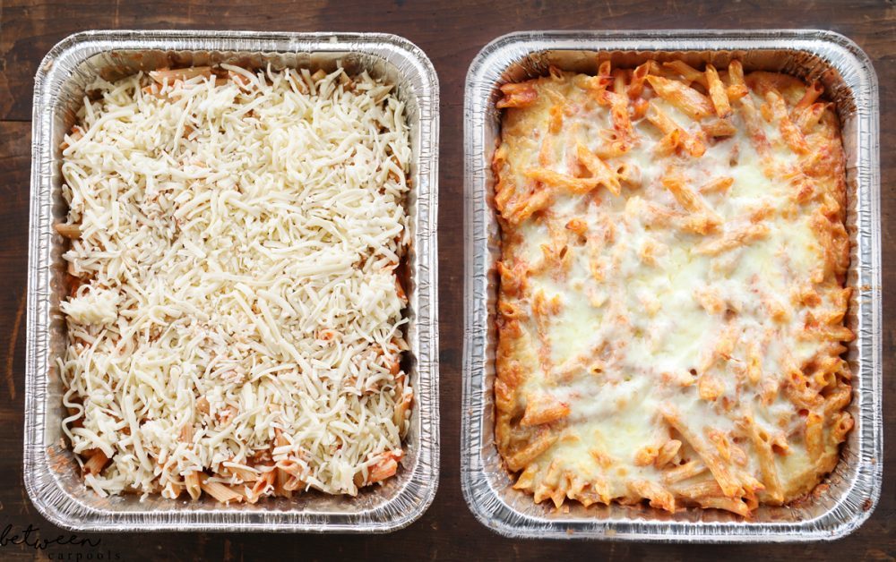 baked ziti. 9x13 foil pans side by side, raw and baked