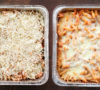 baked ziti. 9x13 foil pans side by side, raw and baked