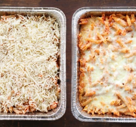 baked ziti. 9x13 foil pans side by side, raw and baked