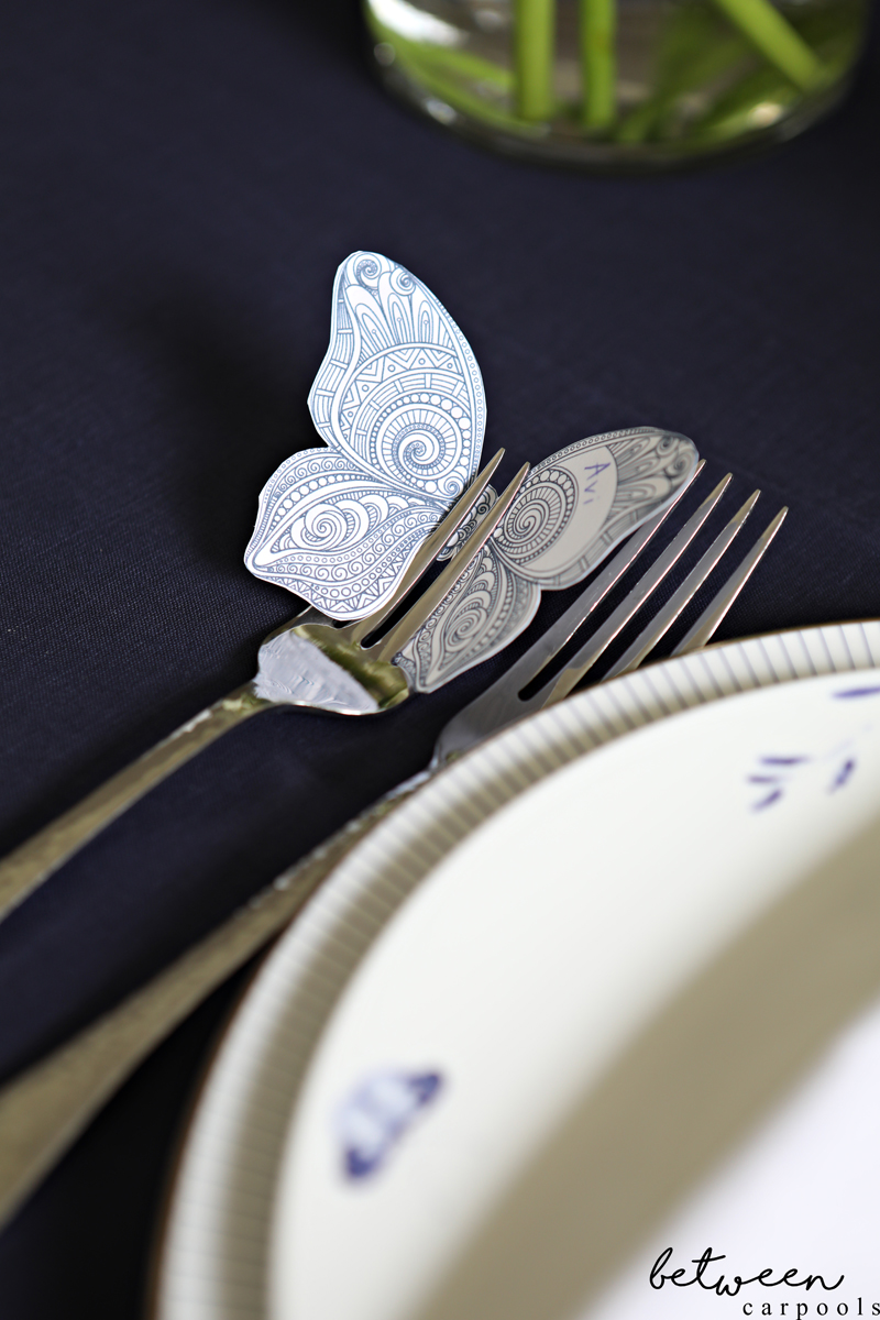 Shavuos DIY place card setting. Download print and color your own custom butterfly placecard holders.