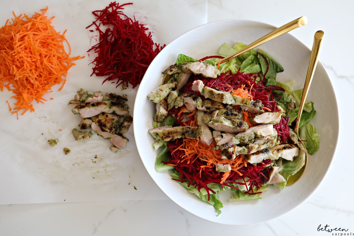 You’ll enjoy this beautiful Pesto Chicken with Rainbow Salad with all of your senses...and it’s easy to prep too!