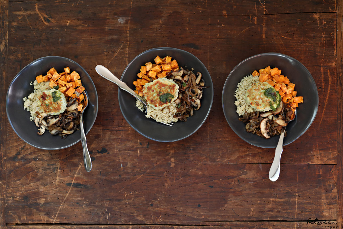 Chicken Burger in a Bowl with Quinoa, Sweet Potato & Mushrooms