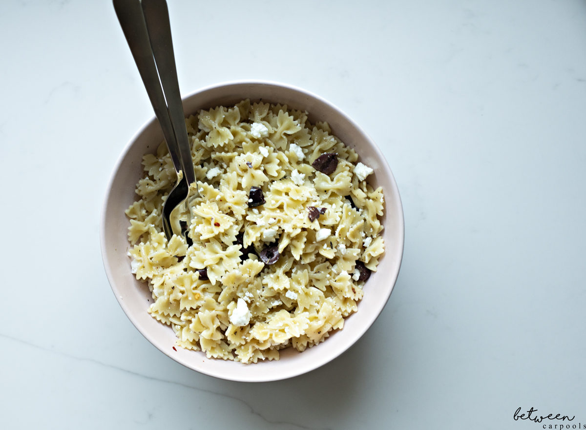 Why We’re Bringing This Mediterranean Pasta Salad to the Party. It works in both dairy and meat versions. It takes a total of 20 minutes to prep. And it really pleases the crowd