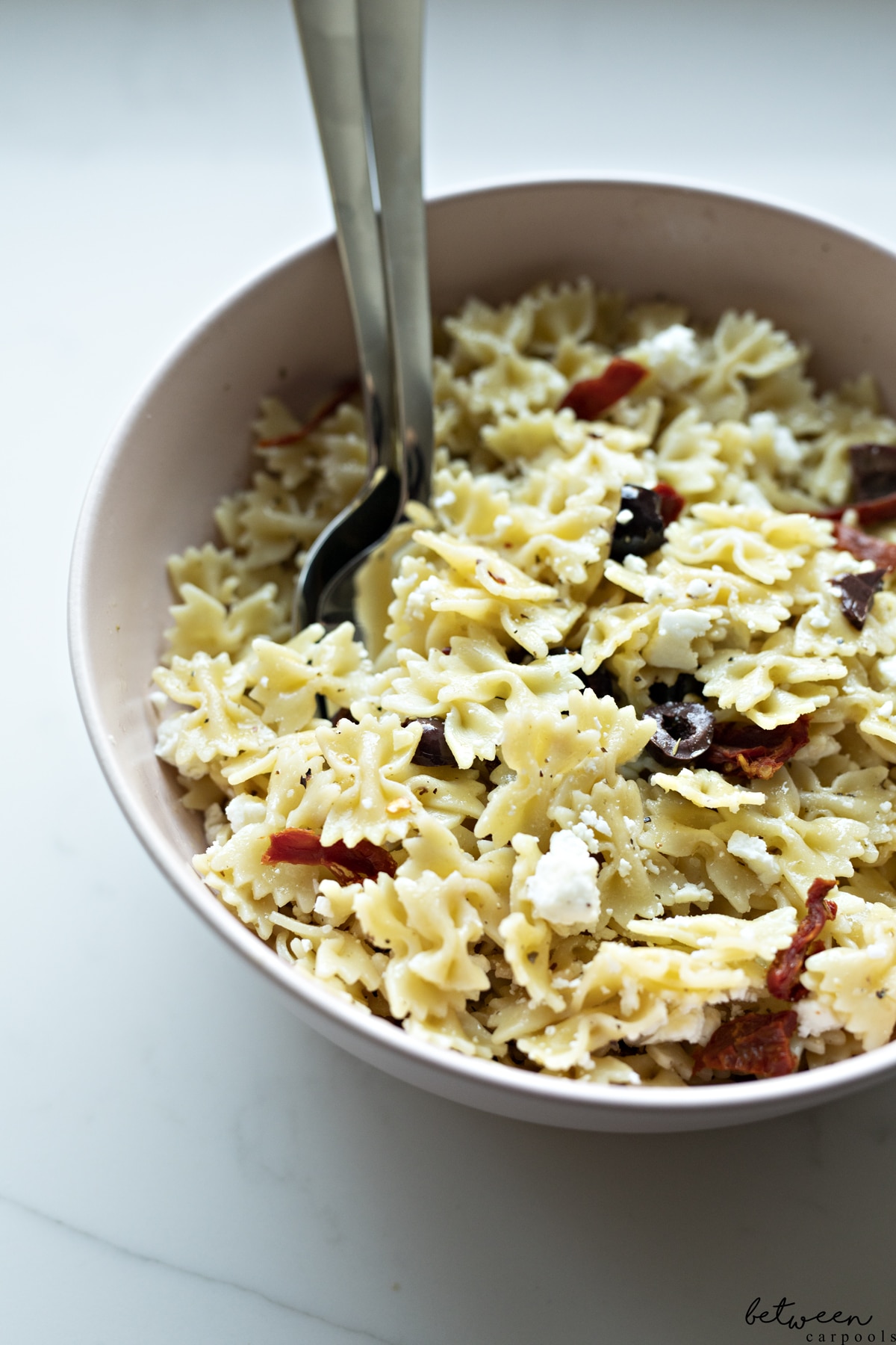 Why We’re Bringing This Mediterranean Pasta Salad to the Party. It works in both dairy and meat versions. It takes a total of 20 minutes to prep. And it really pleases the crowd