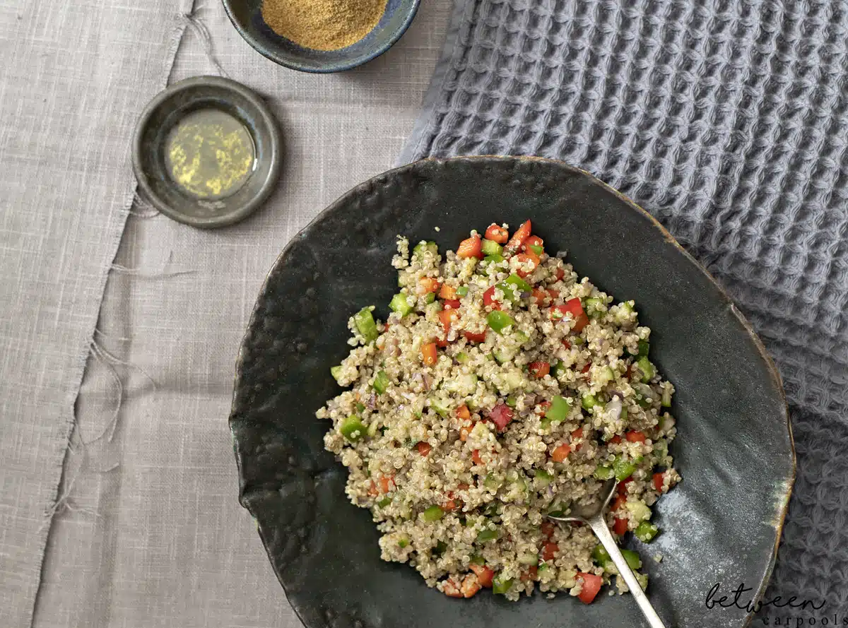 This is Our New Favorite Fresh and Amazing Quinoa Salad. Cook your quinoa, chop those fresh crunchy veggies nice and finely, and you’re all set with this great salad.