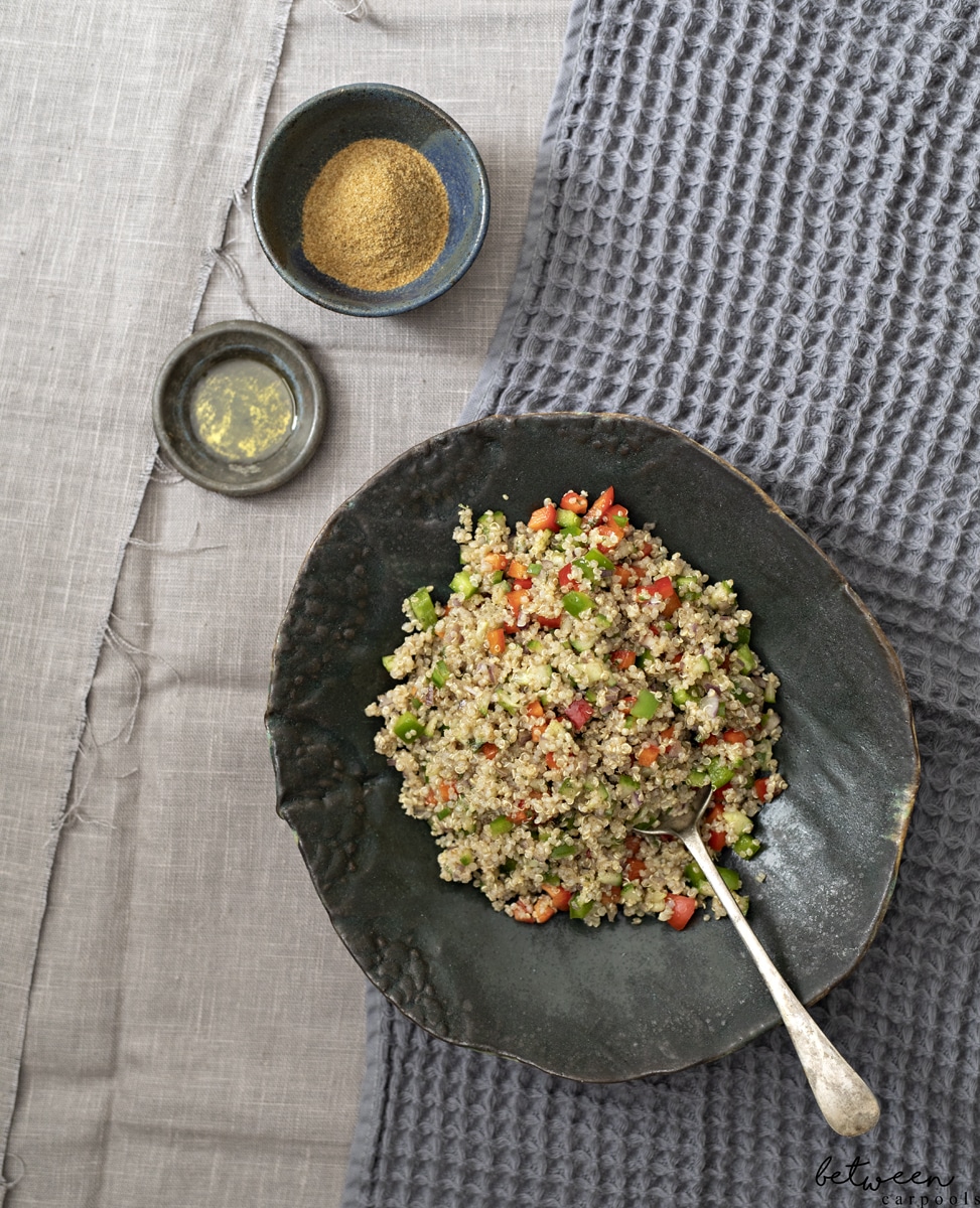 This is Our New Favorite Fresh and Amazing Quinoa Salad. Cook your quinoa, chop those fresh crunchy veggies nice and finely, and you’re all set with this great salad.