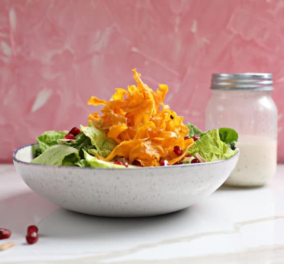 We Polished off Aunt Ruchy’s Sweet Potato Chips Salad. Sure, you can make it all year if you like, but this salad is absolutely perfect for Pesach.
