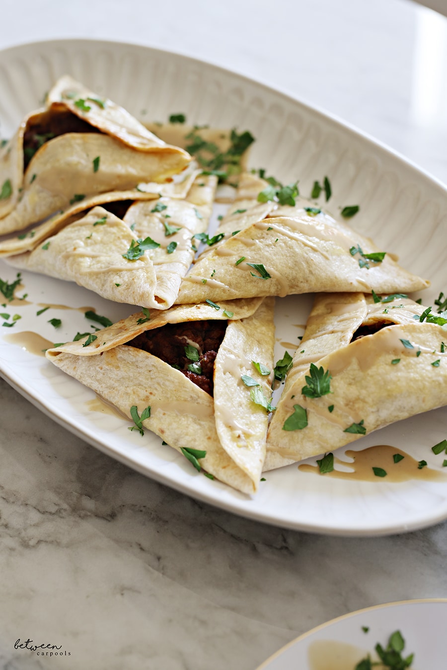 meat (hamantaschen) tortilla wrap, plated