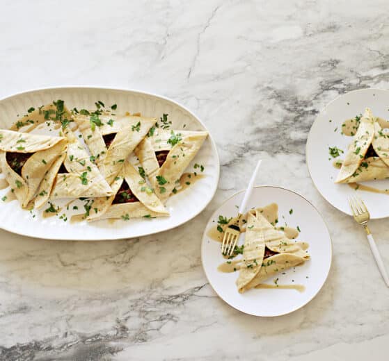 meat (hamantaschen) tortilla wrap, plated