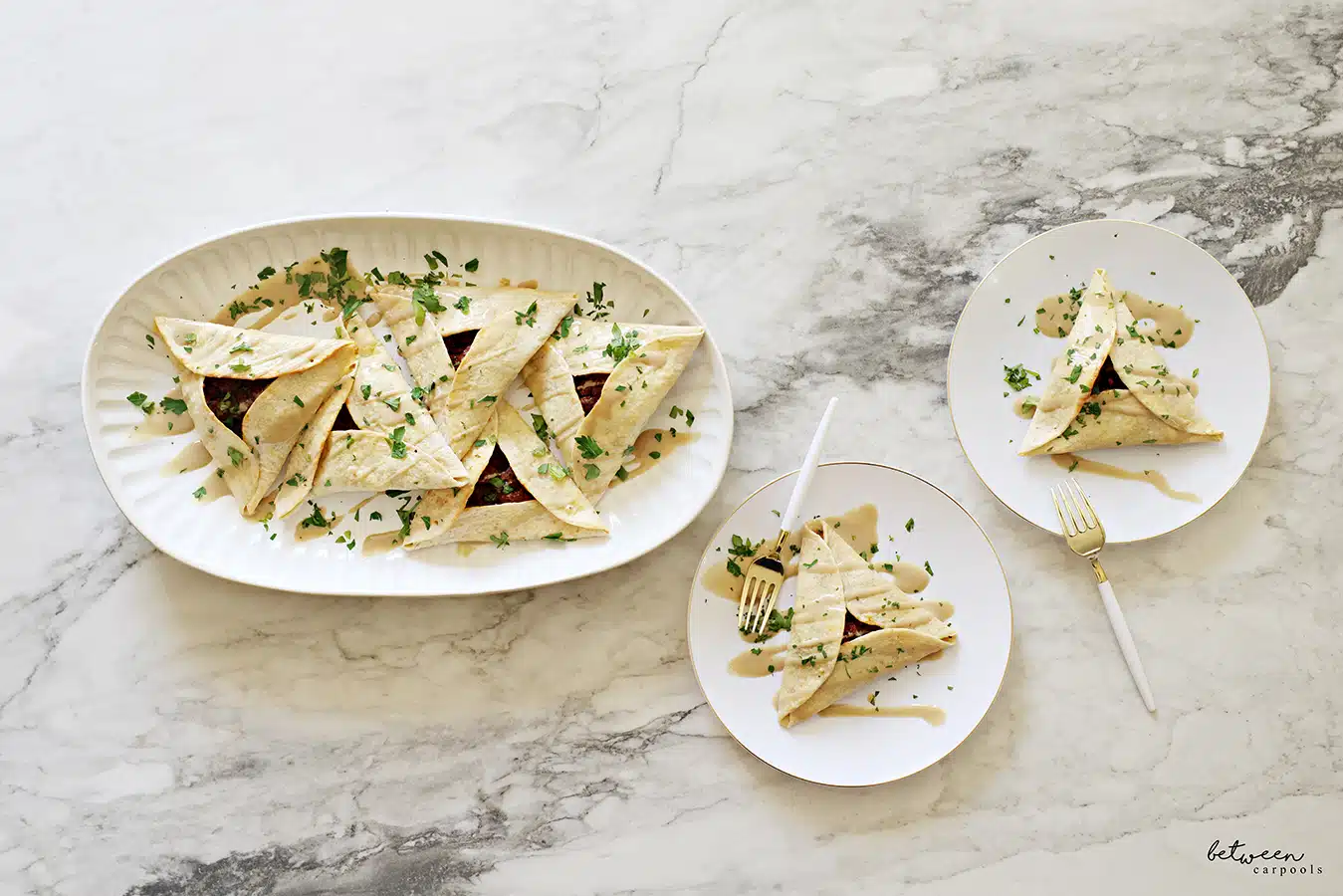 meat (hamantaschen) tortilla wrap, plated