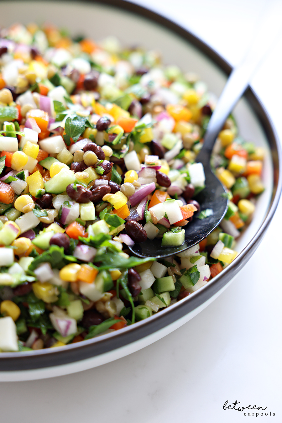 Feel Good Crunchy Bean Salad in a large bowl with a serving spoon.