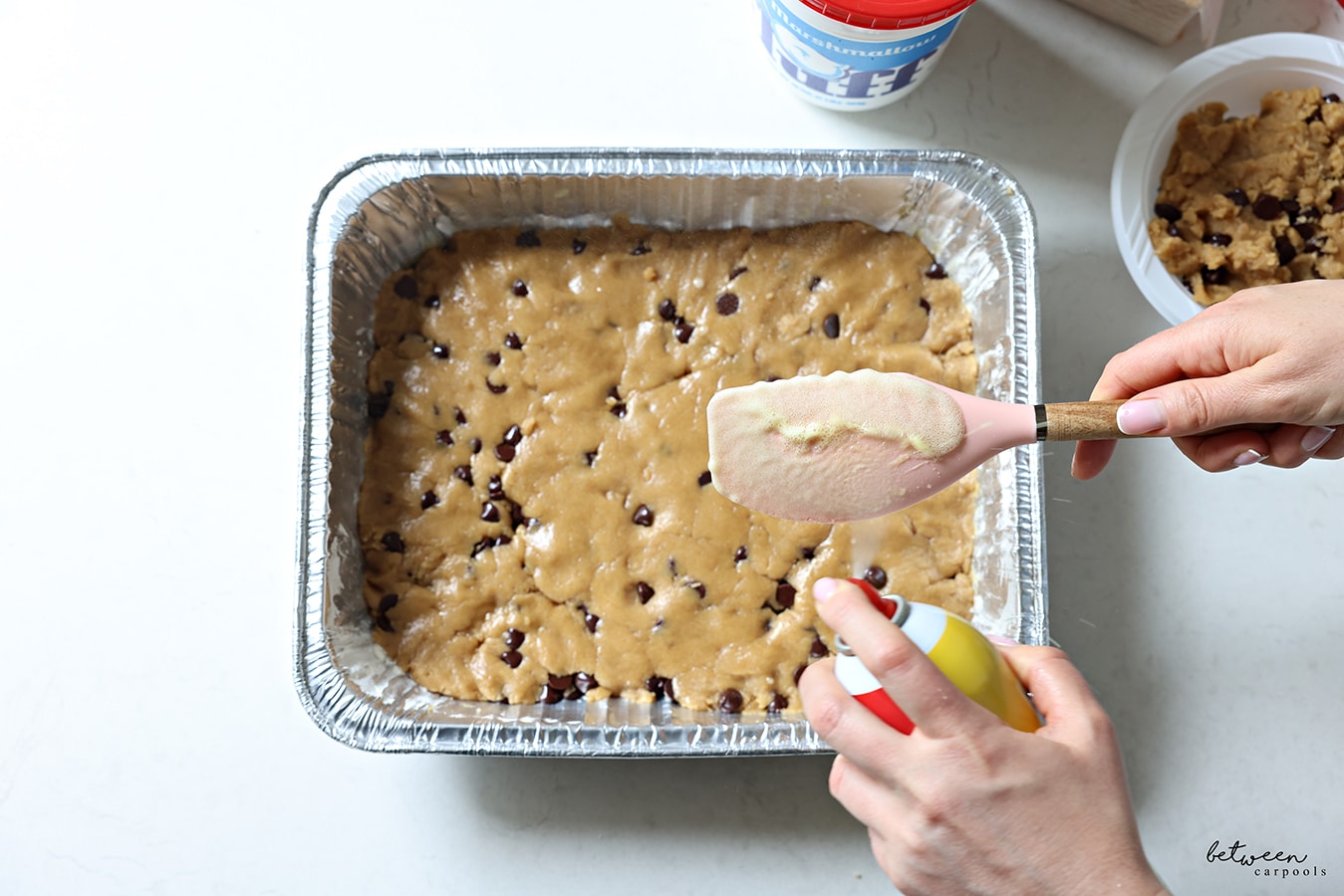 Smooth cookie dough in a 9x13 pan.
