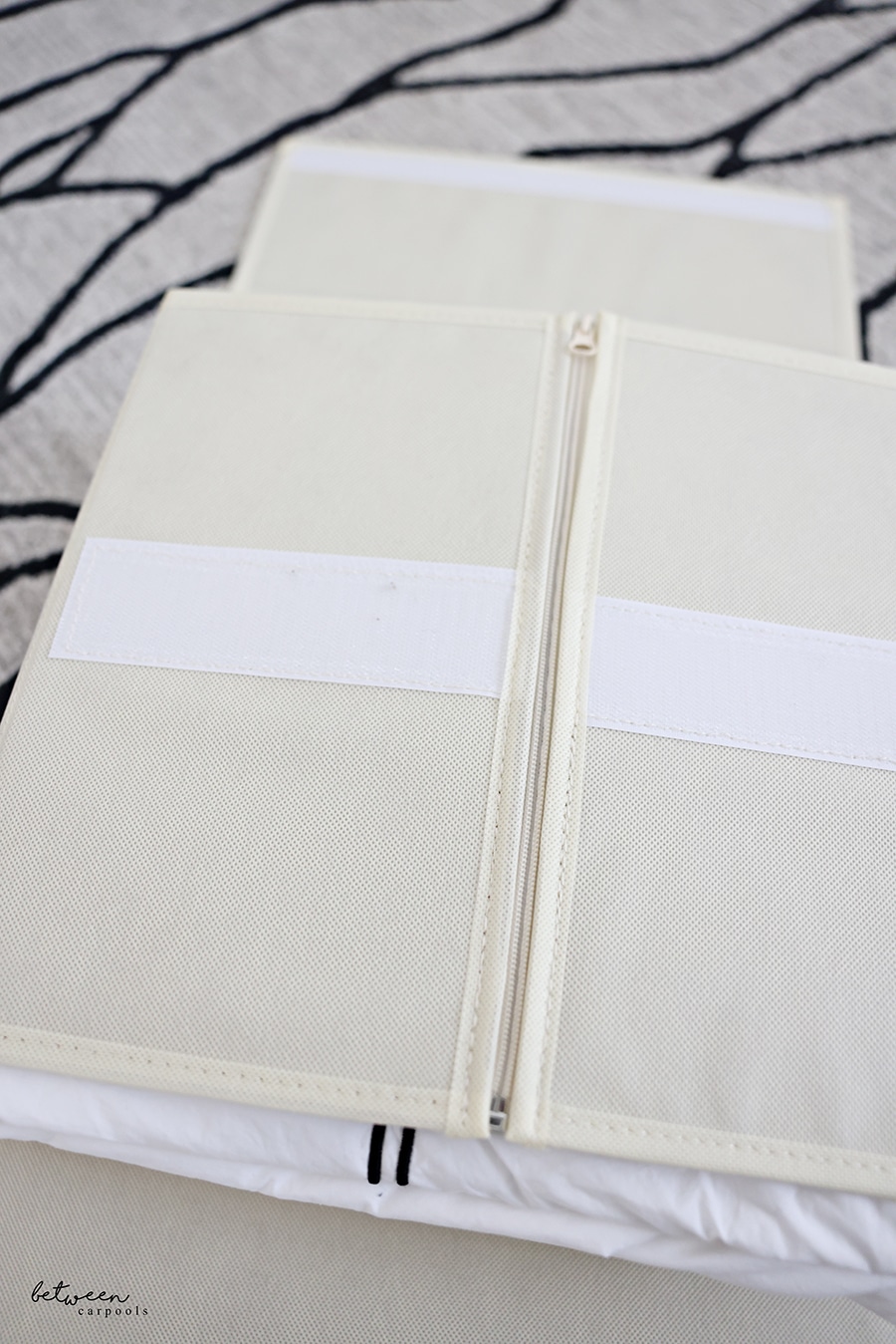 Bed Sheet Organizer with one full set of linen - inside flaps closed, closeup