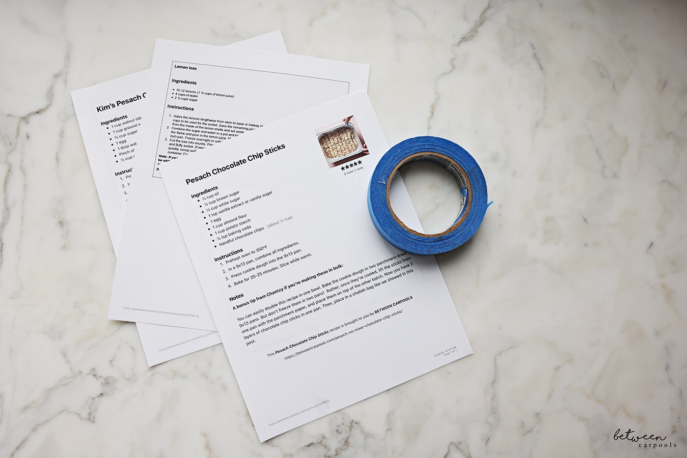 recipes, printed. and painters tape