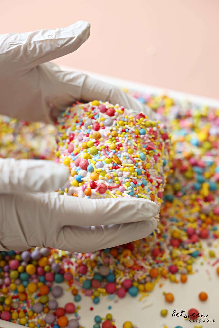 Rolling the pint of ice cream cake in sprinkles