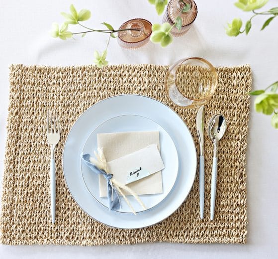 place setting for Shavuos with luxe dinnerware and diy place card