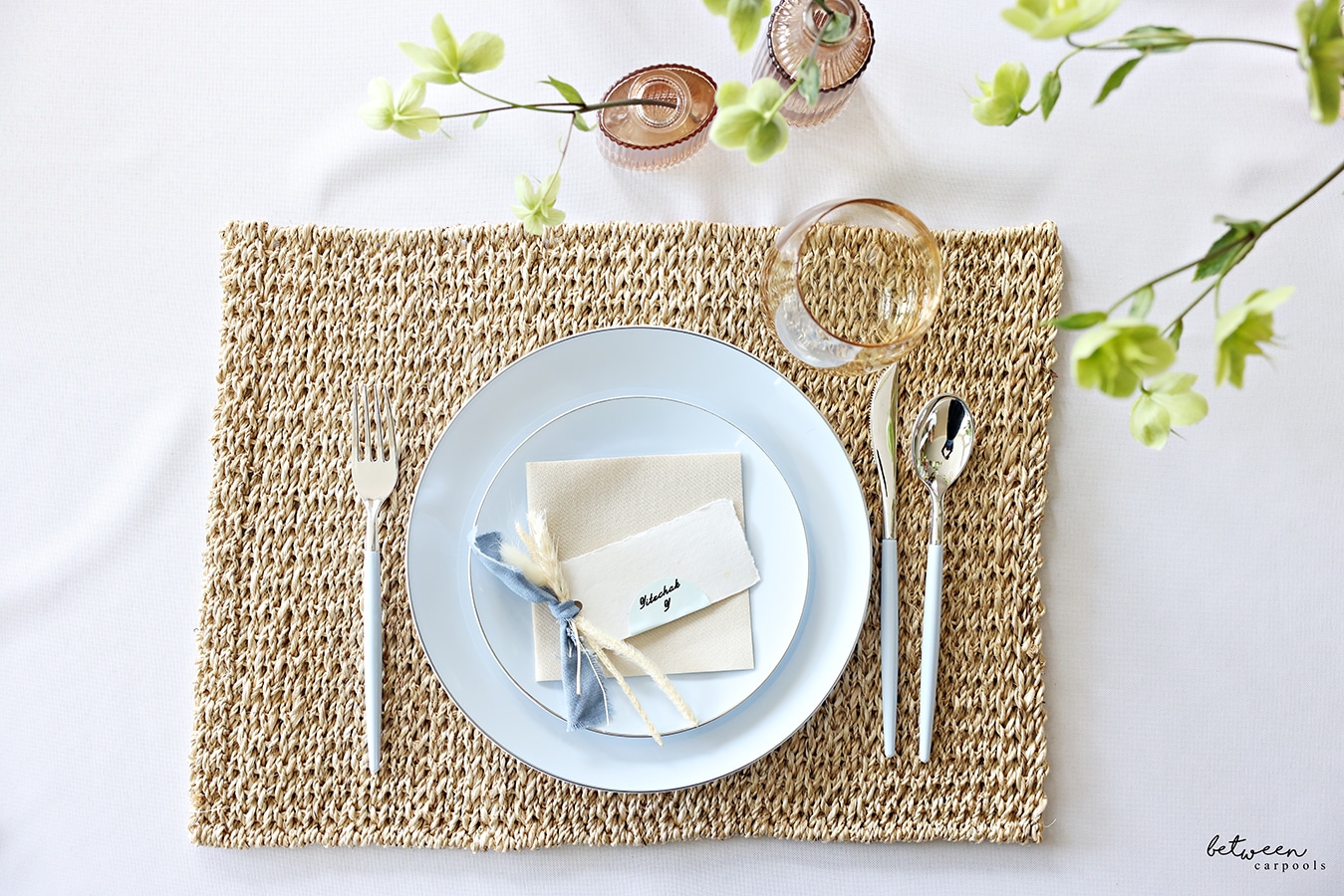 place setting for Shavuos with luxe dinnerware and diy place card