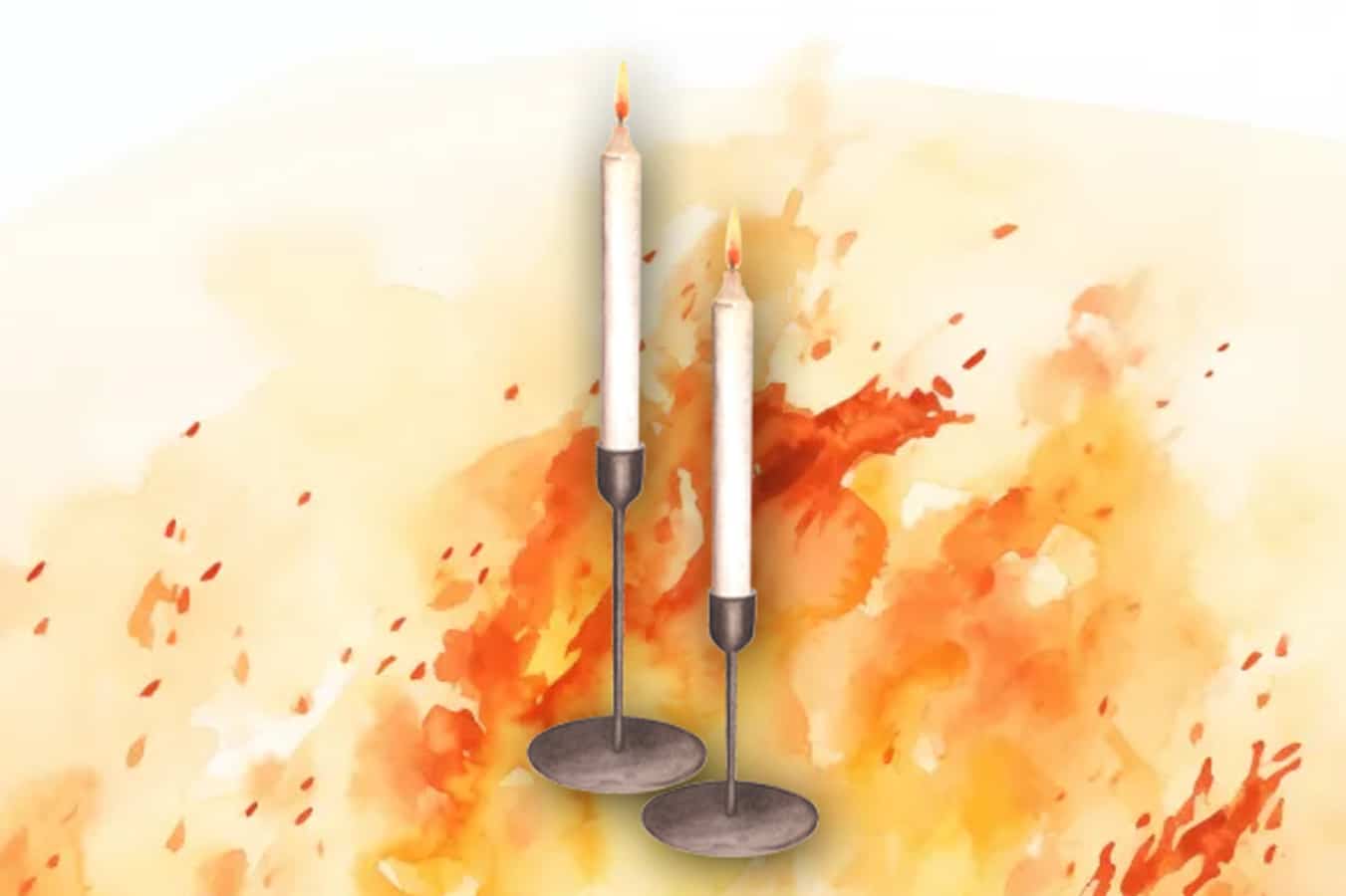 2 candles in sticks with fire background