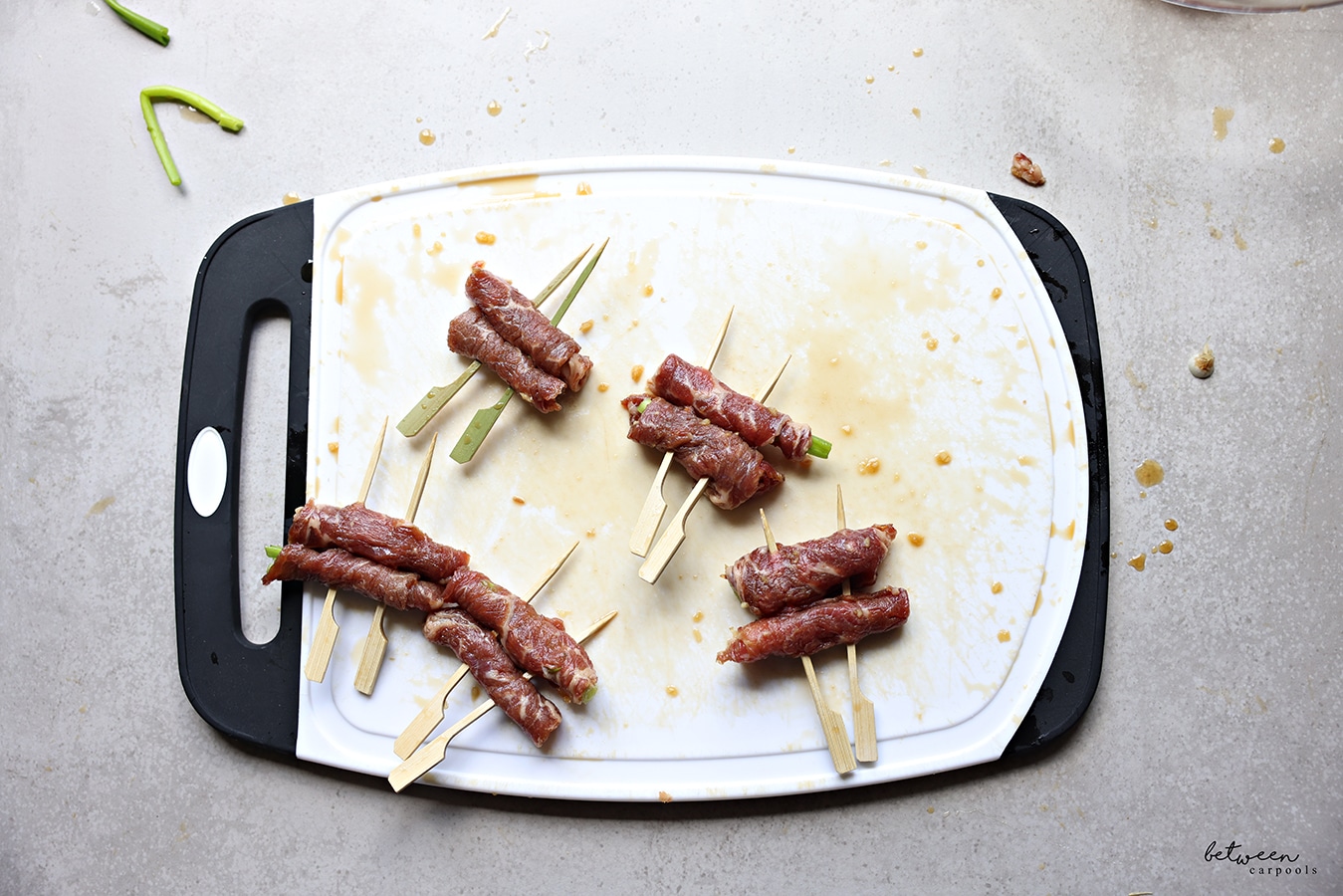 2 roll ups secured with two skewers.