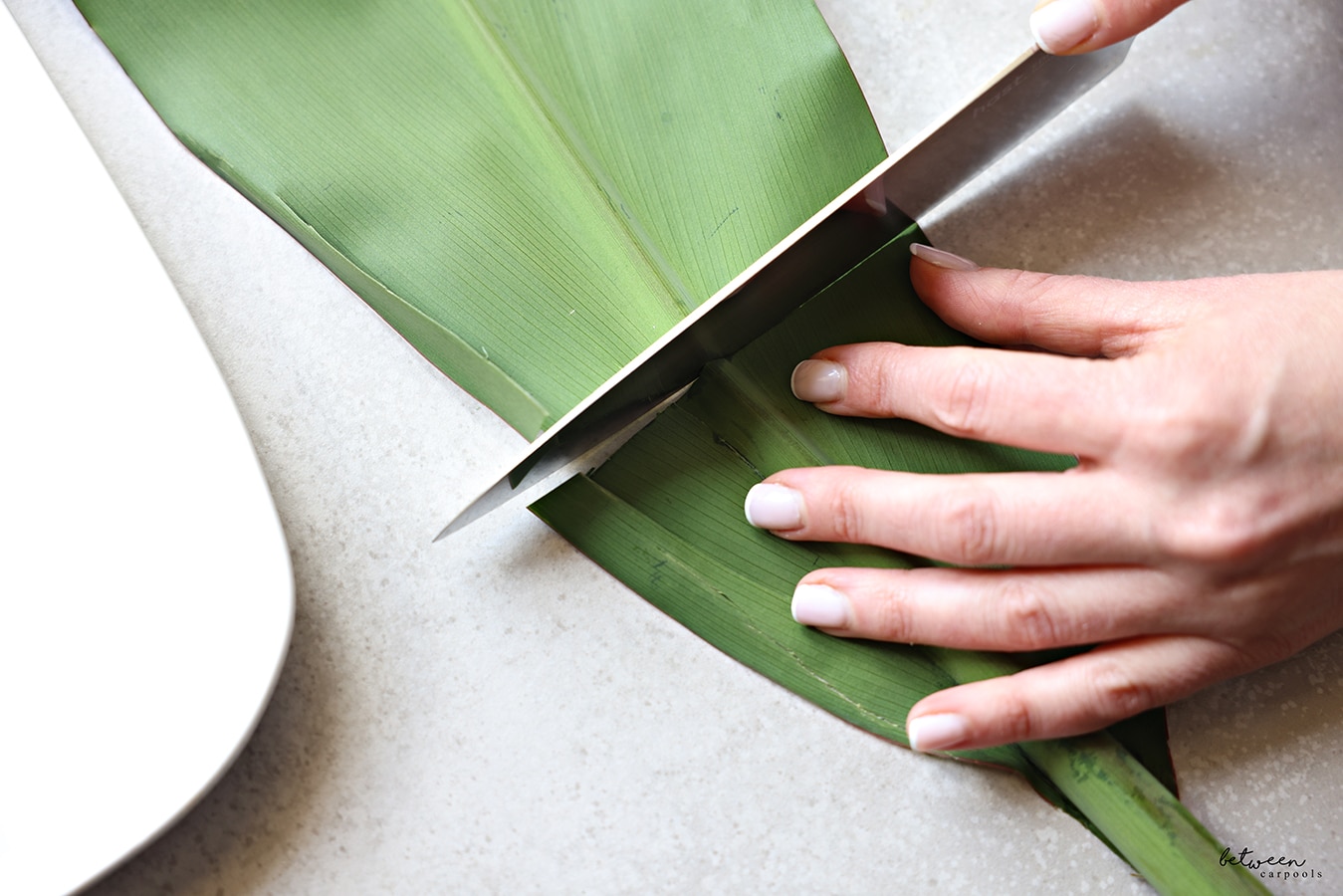 Cutting the Banana Leaf to the size of the platter.