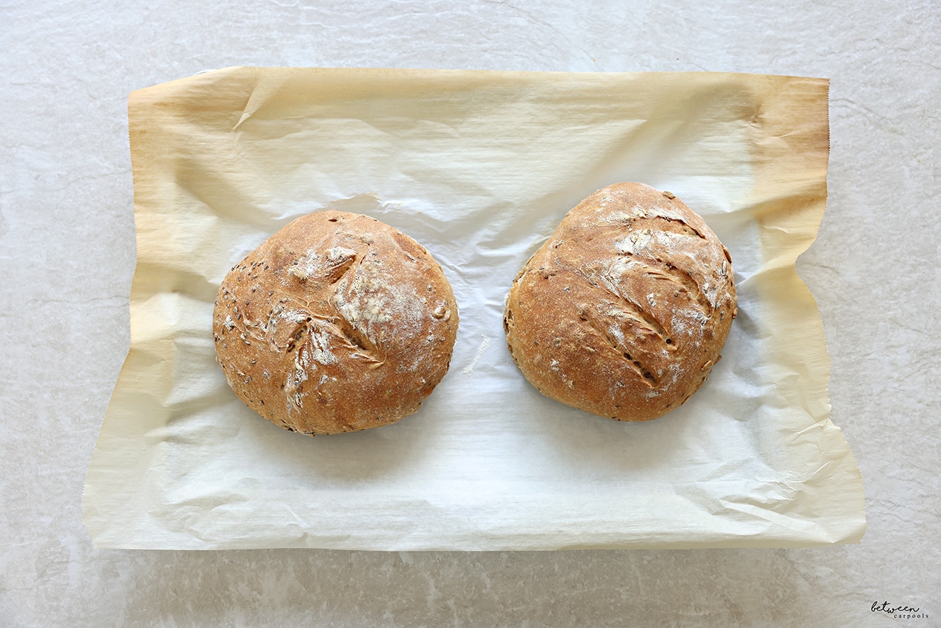Two loaves of No Knead Artisanal Bread dough - baked