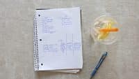 Handwritten menu plan in a spiral notebook. Pen and lemon water nearby