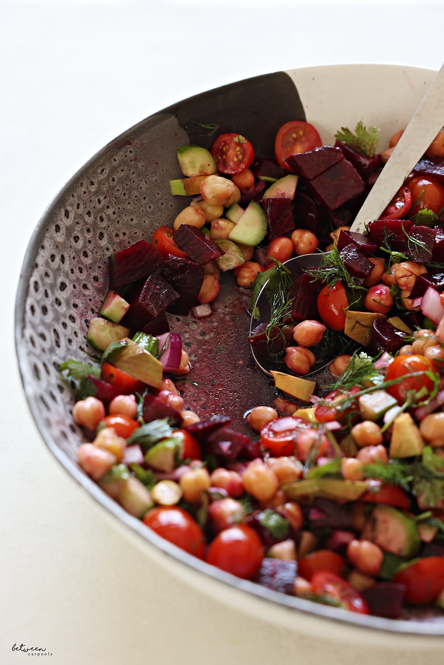 Beet and Chickpea Salad in a large bowl, closeup