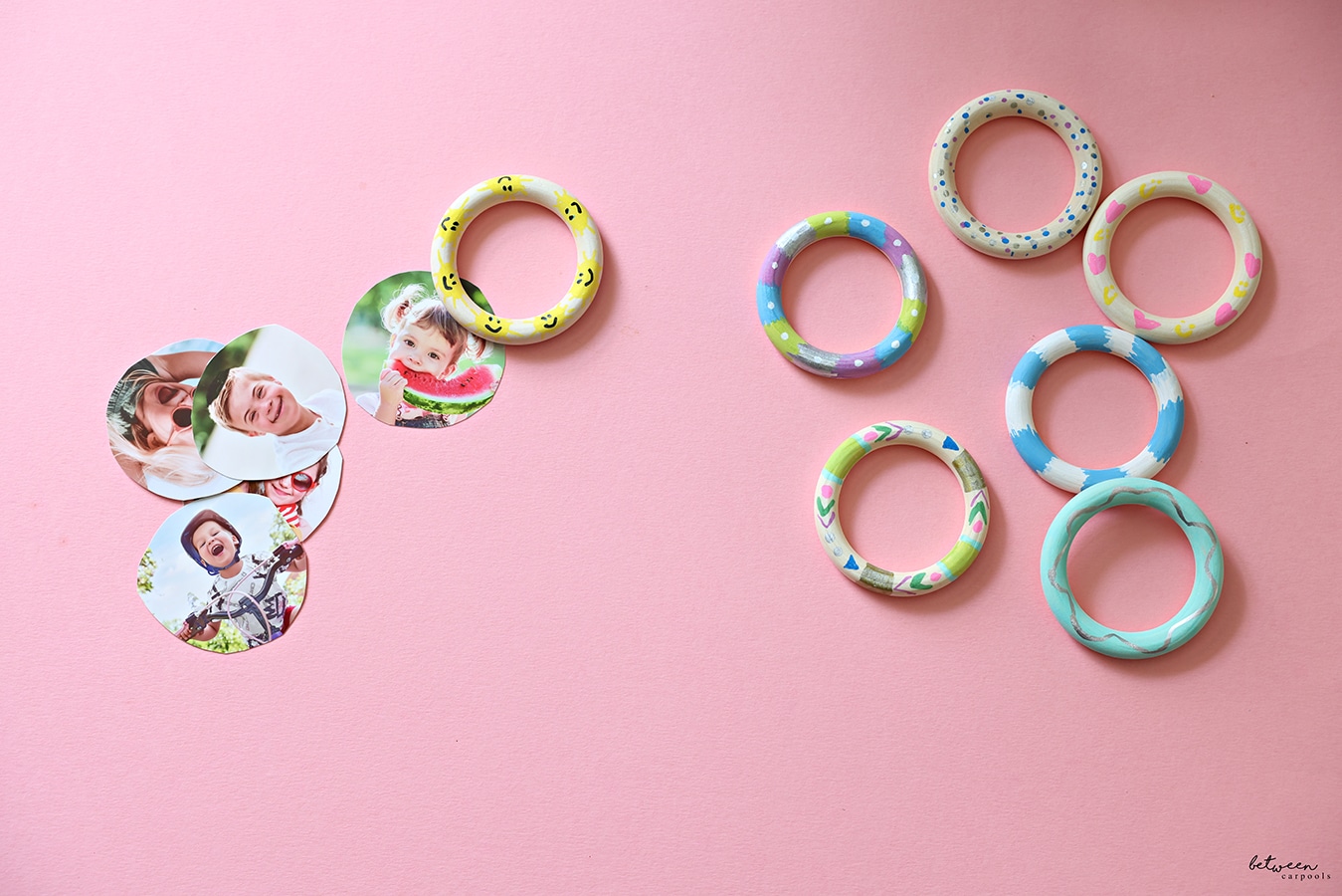 colored wooden rings and photos cut into circles that are just a tiny bit smaller than the rings