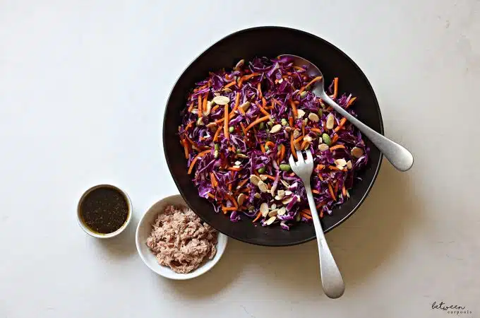 Red Cabbage Salad in a salad bowl, tuna and dressing in small bowls nearby