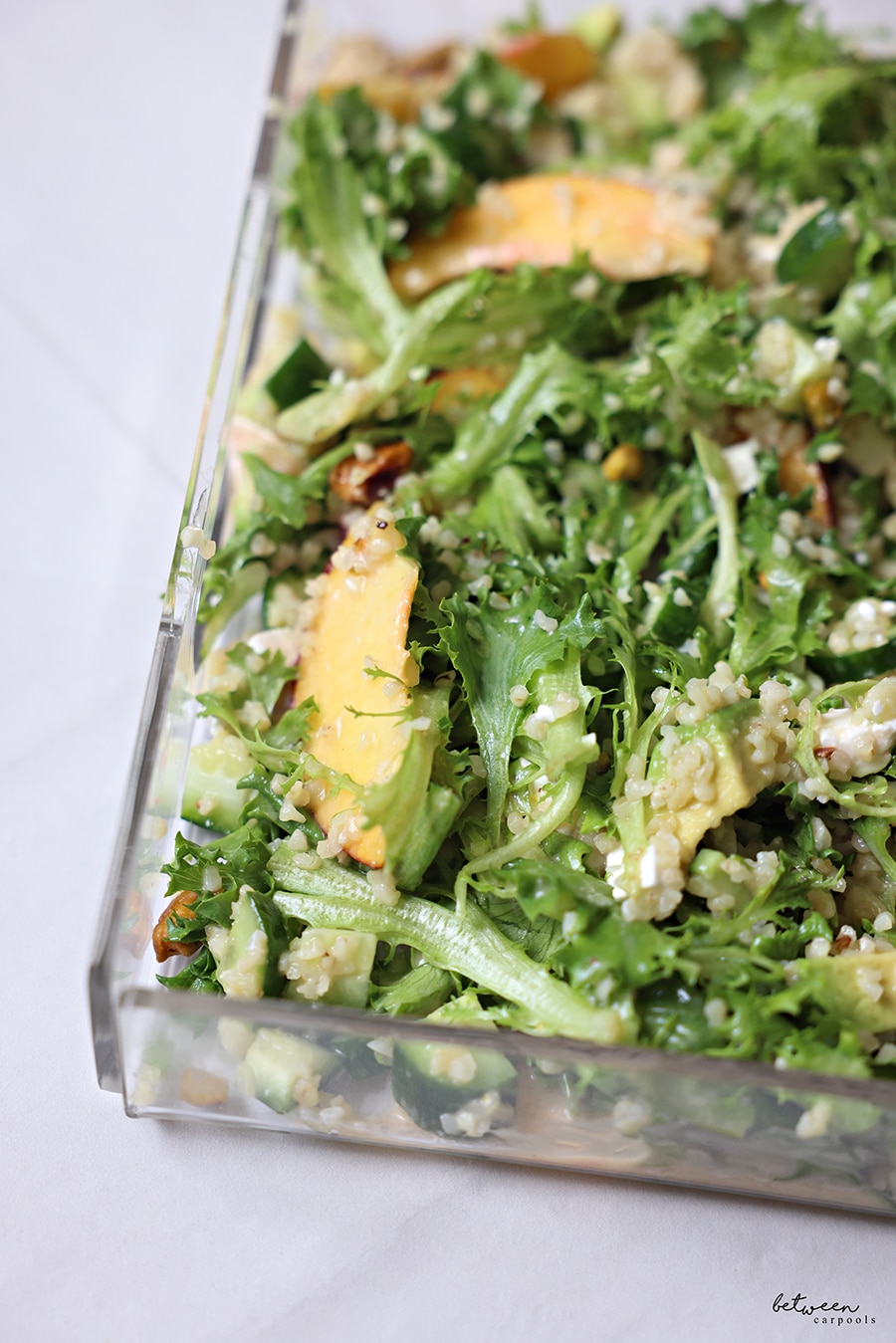 Tossed Bulgar Nectarine Salad with Melty Feta, closeup