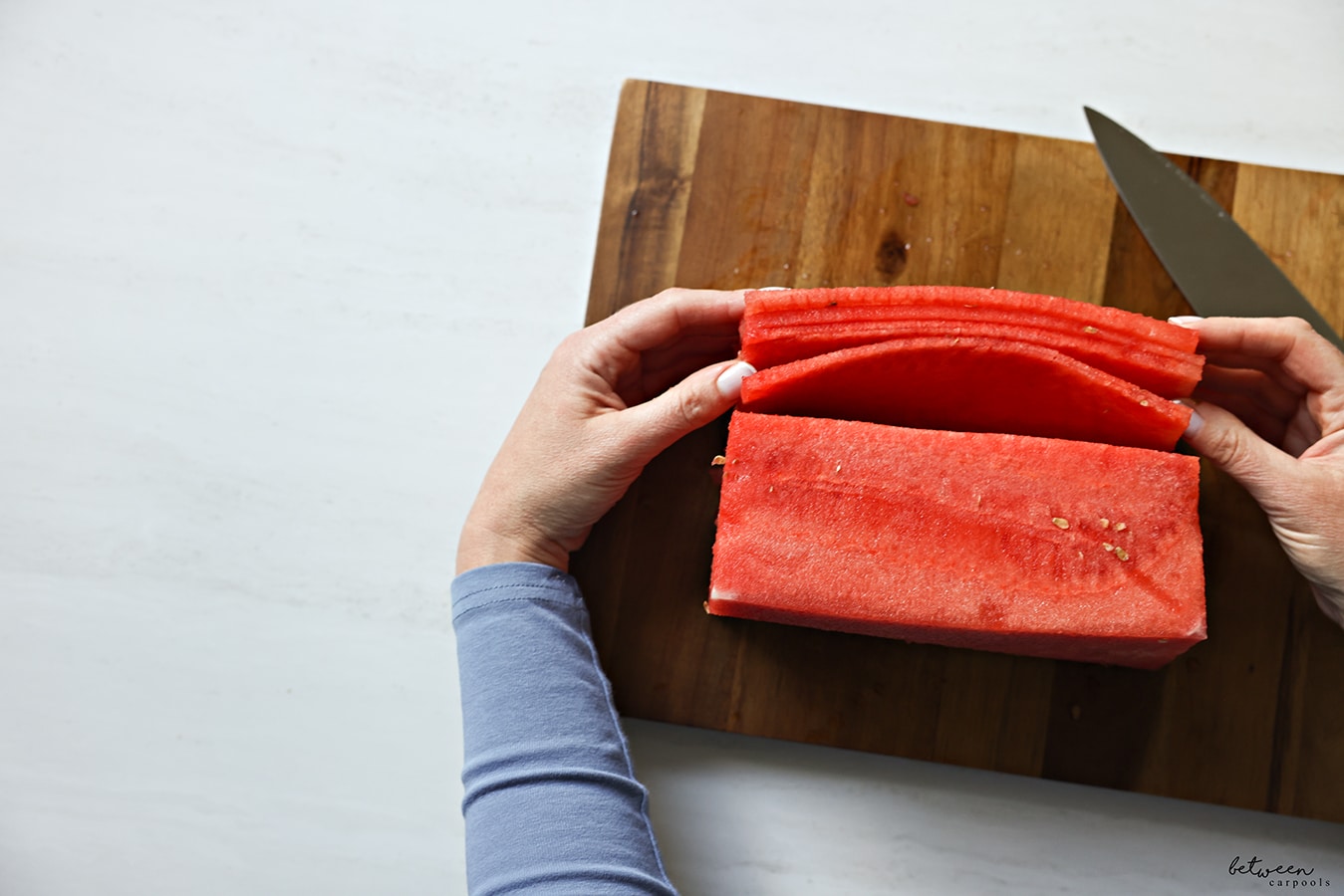 thin layers of watermelon from the brick shape