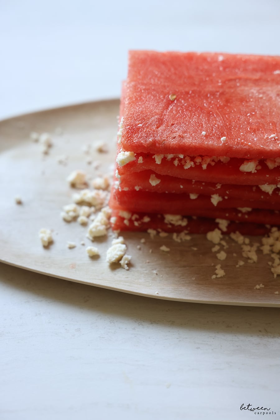 Watermelon and crumbled feta, layered.