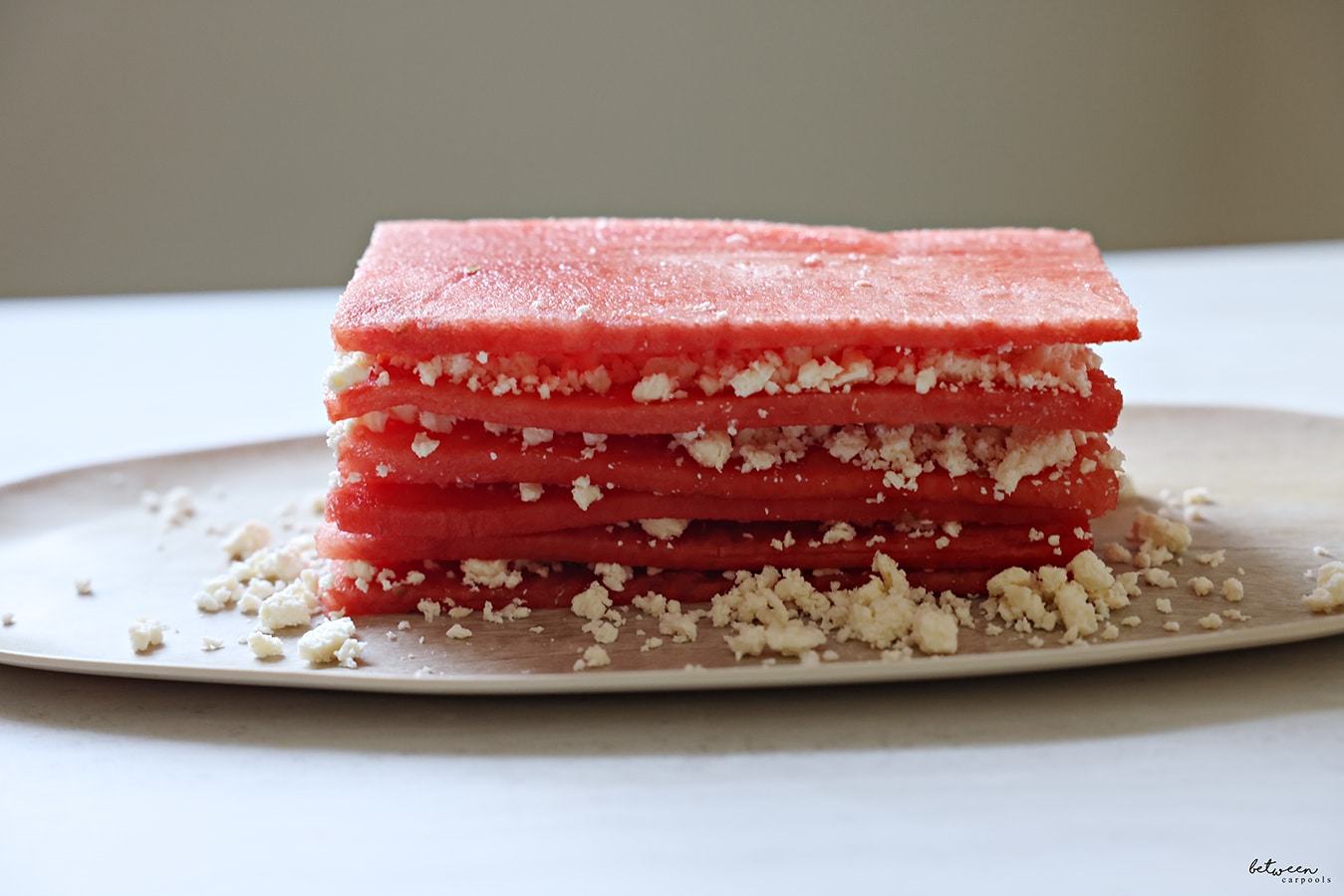 Watermelon and crumbled feta, layered.