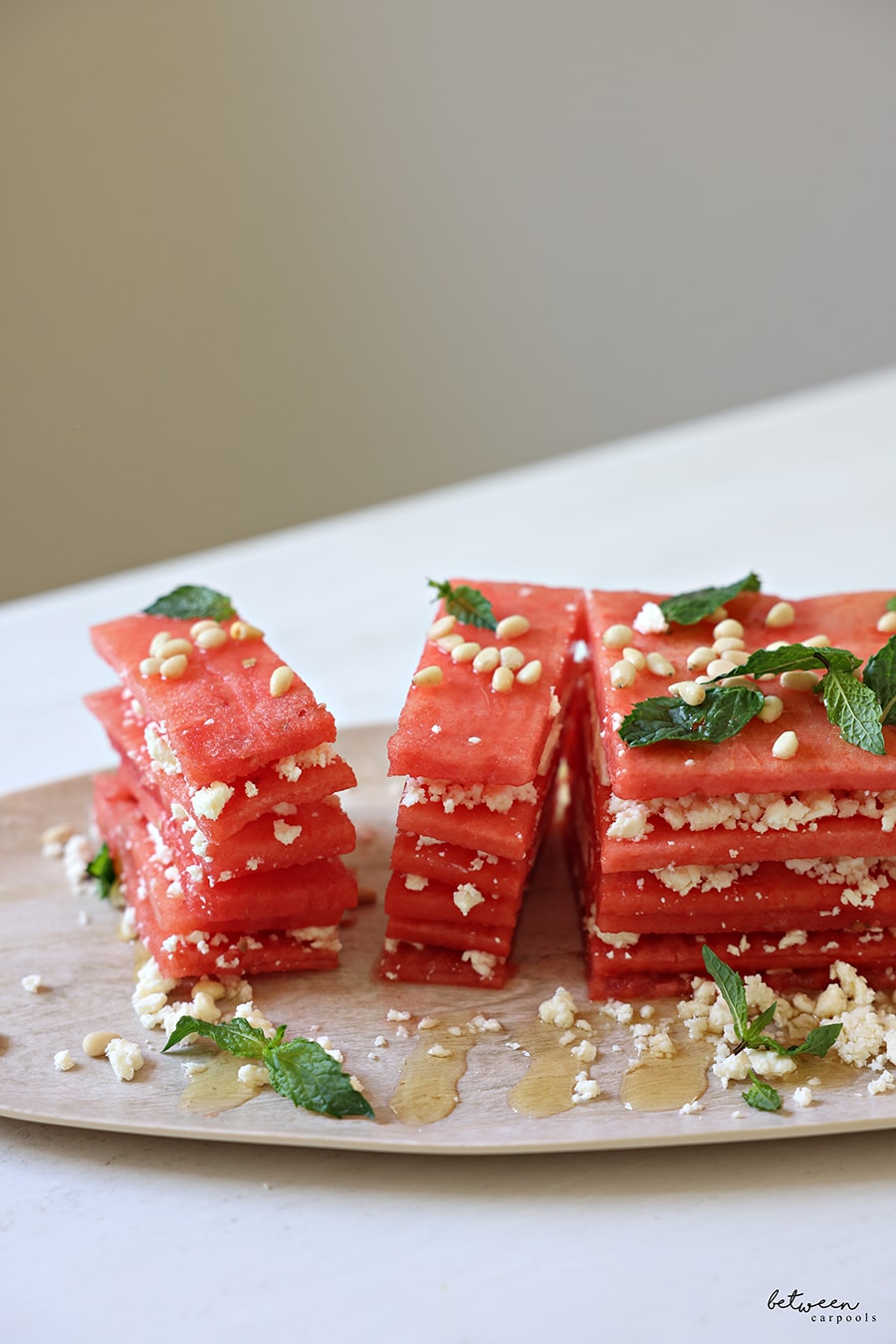 Watermelon and feta cake cut into slices