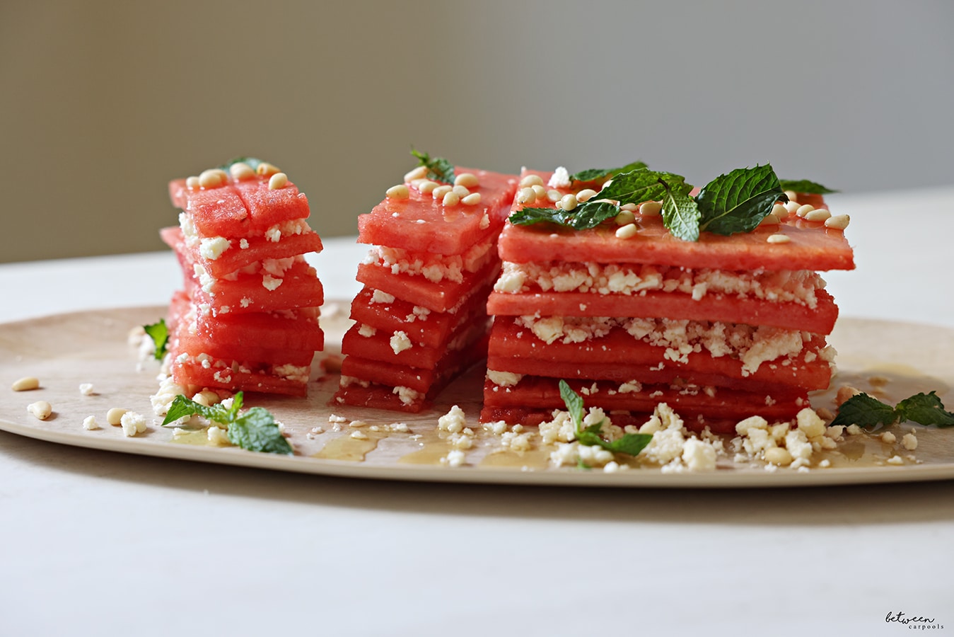 Watermelon and feta cake cut into slices