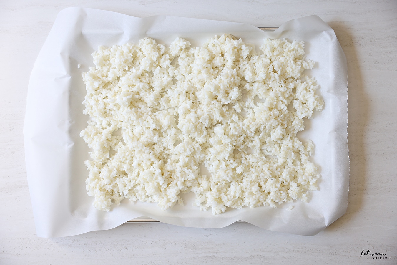 Sushi rice spread out on a parchment lined metal sheet pan. 