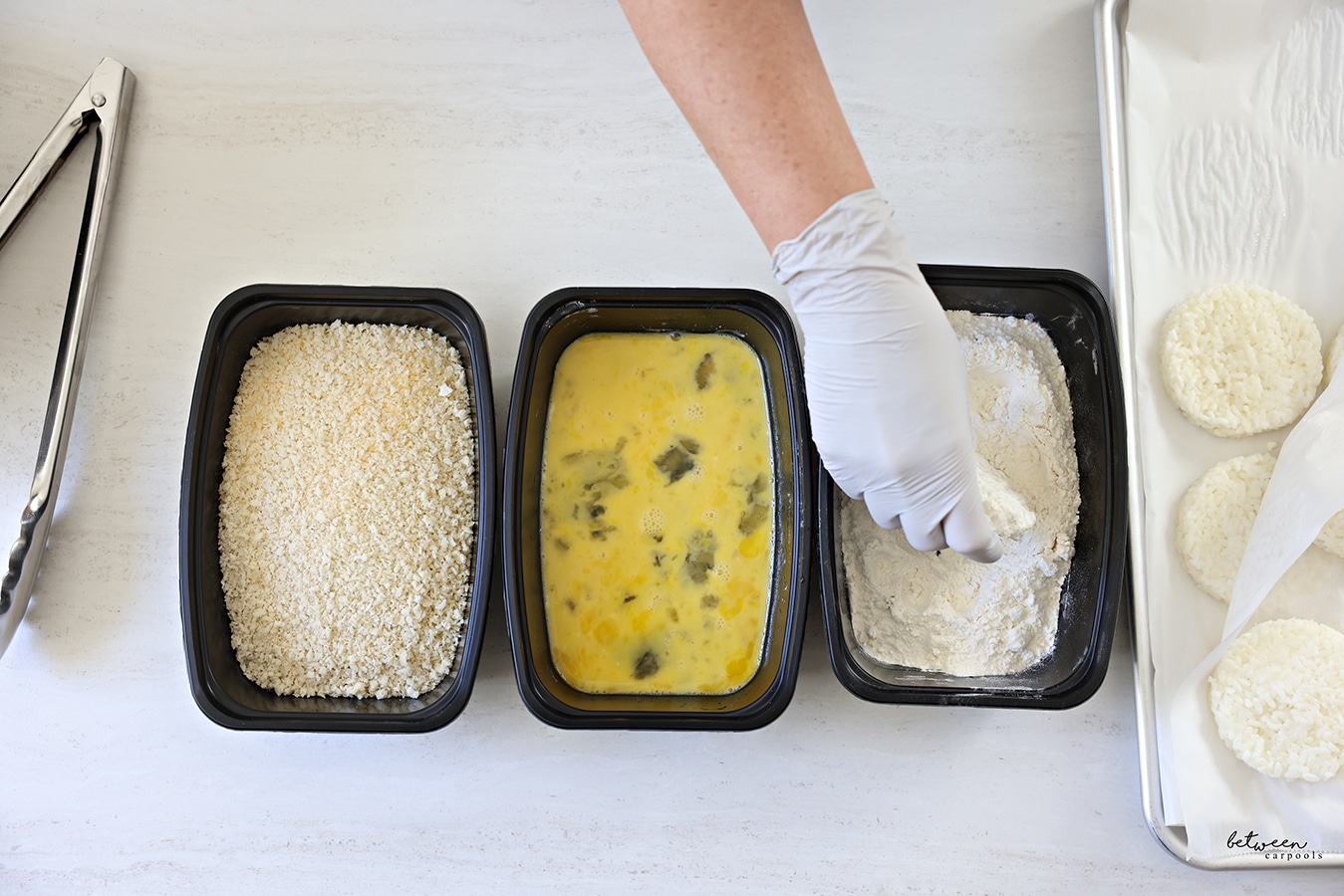 Breading station to bread the rice cakes.