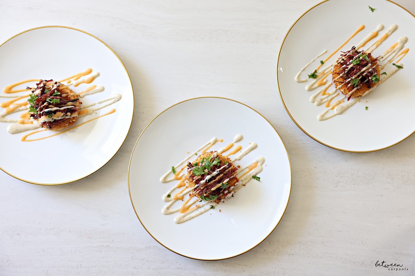 dressing/mayo/sauce over the pastrami topped rice cakes.