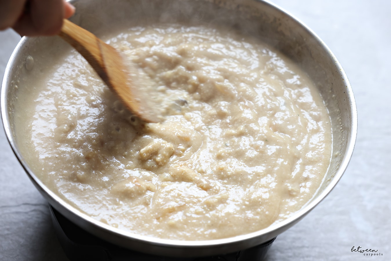creamy sauce in a frying pan.