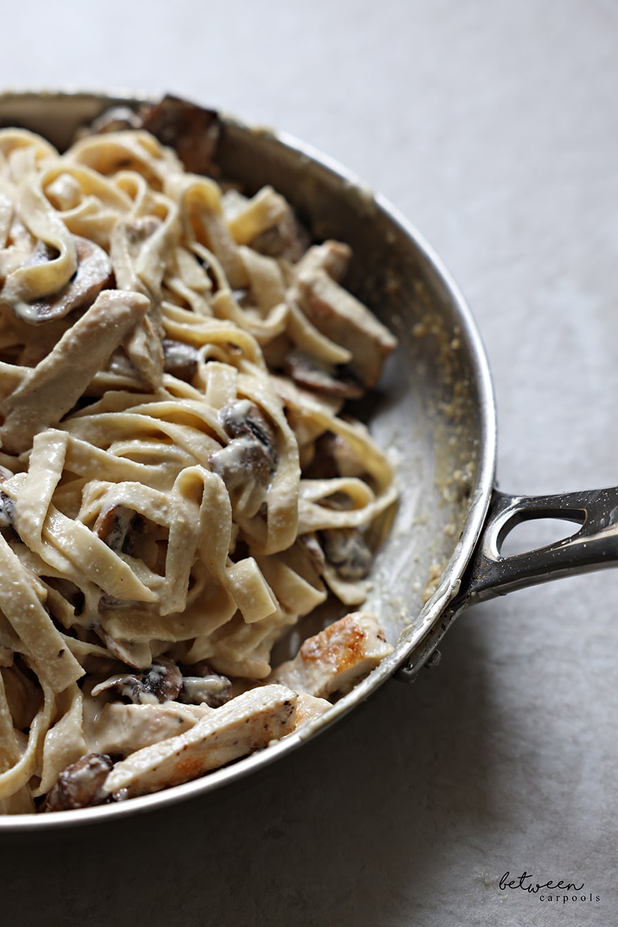 Chicken Alfredo in a frying pan